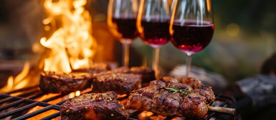 Sizzling grill loaded with assorted meats and a glass of exquisite wine for outdoor barbecue party - obrazy, fototapety, plakaty