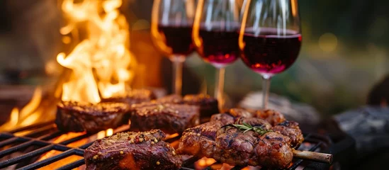 Fotobehang Sizzling grill loaded with assorted meats and a glass of exquisite wine for outdoor barbecue party © AkuAku