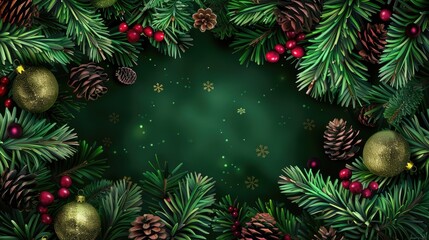 Square banner with gold and red Christmas symbols and text. Christmas tree, balls, golden tinsel confetti and snowflakes on green background. Header for website template. Ai generative