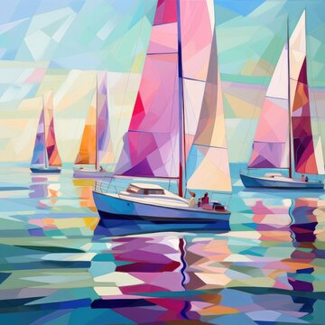A painting depicting multiple sailboats moving through the ocean with full sails, surrounded by blue water and a clear sky.
