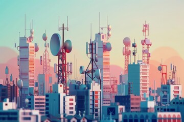 City skyline abstract illustration wallpaper background, telecommunication data in a city background - obrazy, fototapety, plakaty