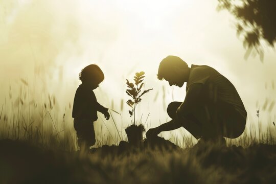 Father and son planting tree, concept of world environment day, Earth Day