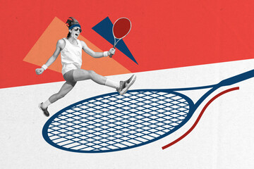 3d abstract retro collage of young cool sportsman in sunglasses running with rocket playing tennis isolated on red white background