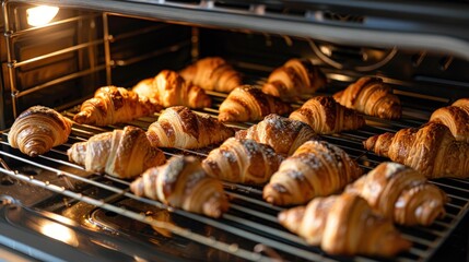 Baking croissants in the kitchen, bakery. Delicious French food, breakfast, dessert. The chef is cooking in the kitchen. Background for advertising.