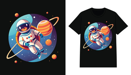astronaut t-shirt design. cartoon astronaut floating with planet for print design apparel and clothing