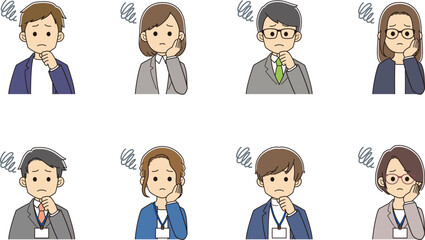 困った顔のスーツを着た若者たち