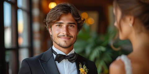 Happy groom in a stylish suit exudes elegance and luck at a wedding event.