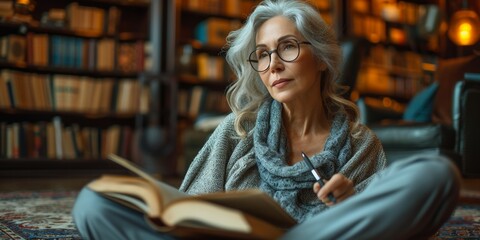 Gorgeous and carefree elderly woman enjoying a book on the floor, exuding positivity and leisure in her home library. - obrazy, fototapety, plakaty