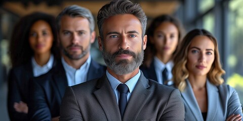 A calm and serious businessman stands with a successful, professional team in a corporate office setting.