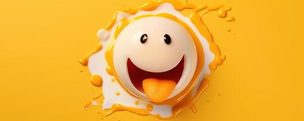 Obraz premium Happy smiley chicken broken eggs illustration, food protein healthy food banner. Generative Ai.