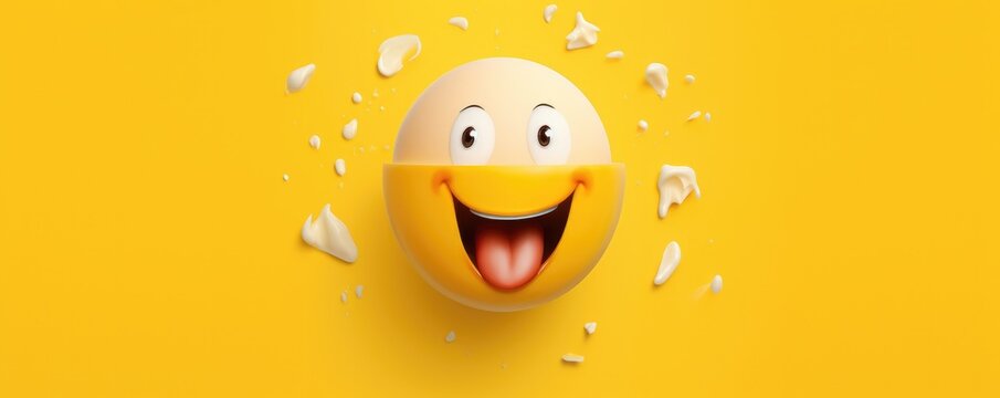 Happy smiley chicken broken eggs illustration, food protein healthy food banner.  Generative Ai.
