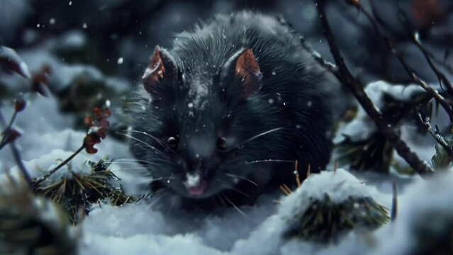 Closeup of the dormouses dark beady eyes filled with wonder and curiosity as it explores its wintery surroundings.