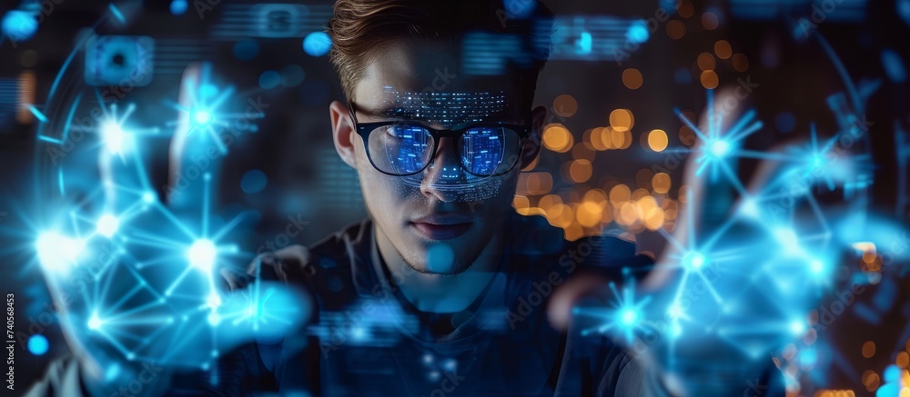 Aufkleber focused man with glasses analyzing data on computer screen in office