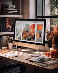 A desktop computer or PC on a desk in a photographer's office, workspace, studio. Orange hues.