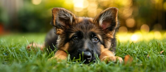 A German Shepherd puppy, a carnivorous dog breed known for being a loyal herding and companion dog,...