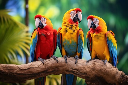 Trois perroquets color&eacute;s sur la branche d'un arbre &raquo; IA g&eacute;n&eacute;rative