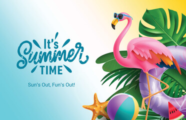 Summer time text vector design. It's summer time greeting text with pink flamingo wearing sunglasses, floater, beachball and green leaves decoration elements. Vector illustration summer time greeting  - obrazy, fototapety, plakaty