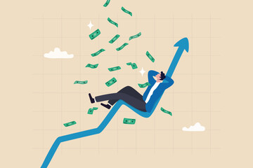Easy money, passive income earn money while sleeping, get rich quick or success investment, earning from stock market, mutual fund or crypto concept, businessman sleep on bull market rising graph.