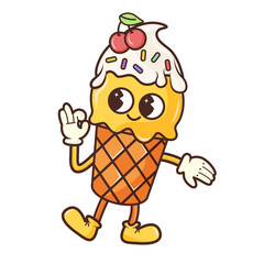 Vector cute ice cream sundae with cherry in the groove style