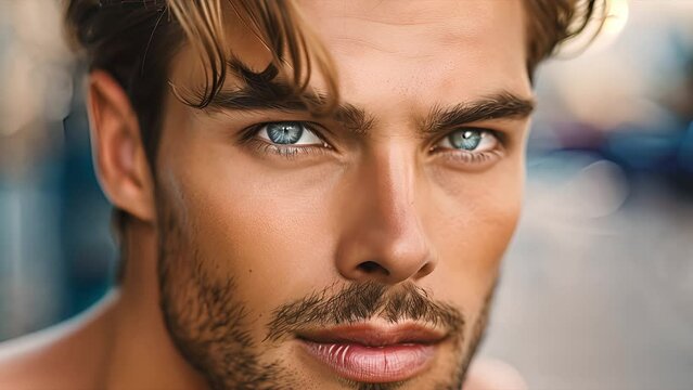 Close up of a handsome young European man with a beard and blue eyes smoldering and staring into the camera
