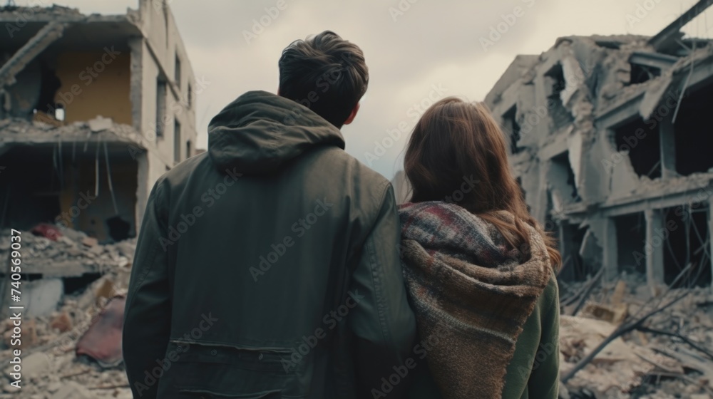 Poster a man and a woman standing in front of a destroyed building. suitable for post-apocalyptic or urban 