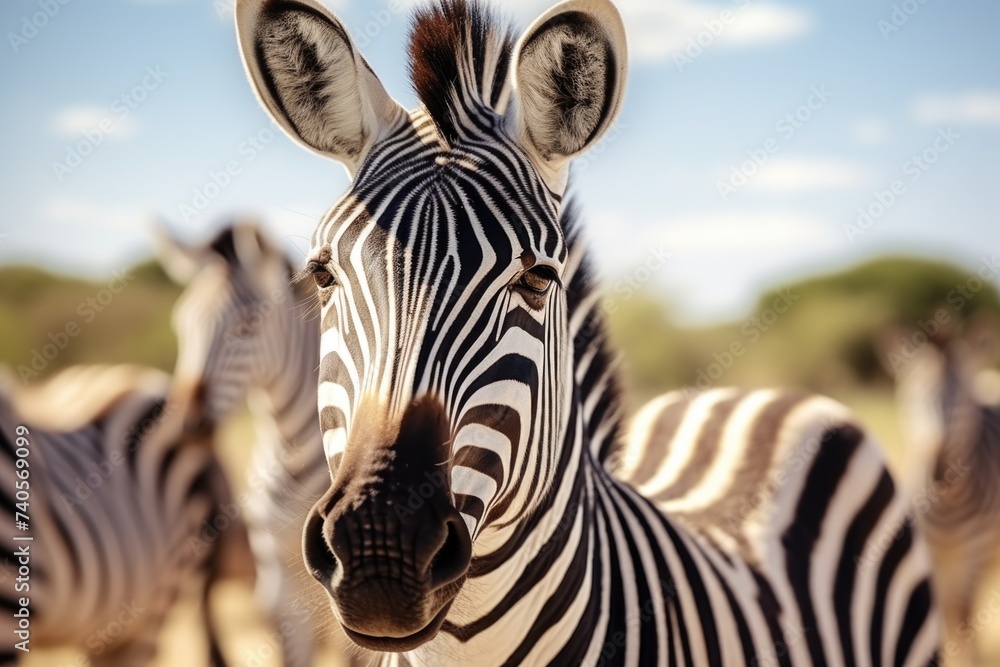 Poster Close-up of a zebra's face with other zebras in the background. Suitable for wildlife and nature concepts