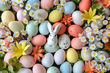 Happy Easter Eggs Basket adventure. Bunny hopping in flower decorative figurines decoration. Adorable hare 3d bonnet rabbit illustration. Holy week easter hunt easter cactus card illustration - obrazy, fototapety, plakaty