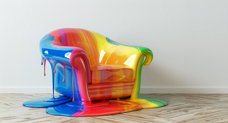art object chair with stains. with dripping rainbow paint. The chair stands on a white background demonstrating bold solutions in the furniture industry. Modern. Stylish furniture. Abstract vision 