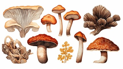 A collection of mushrooms displayed on a white background. Suitable for food or nature concepts