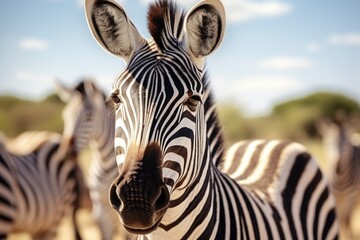 Close-up of a zebra's face with other zebras in the background. Suitable for wildlife and nature concepts