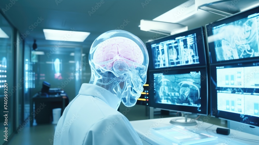 Aufkleber A man in a lab coat analyzing information on several monitors. Ideal for technology and research concepts