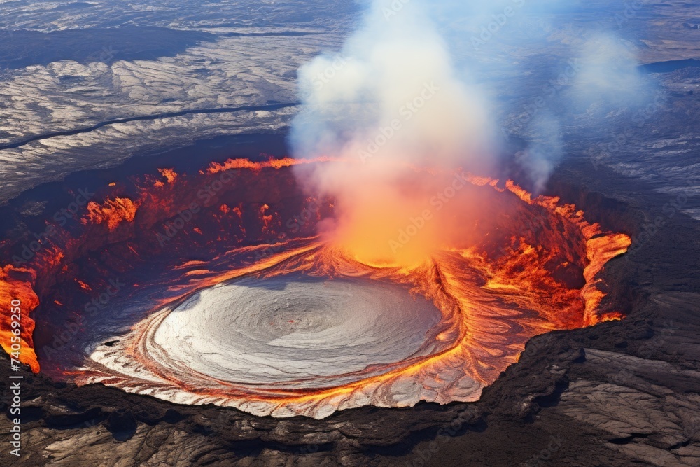 Poster a striking aerial view of a volcano with flowing lava. ideal for illustrating natural disasters or g