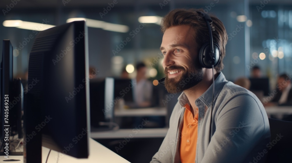 Aufkleber A man sitting at a computer with a headset on. Ideal for tech support concepts