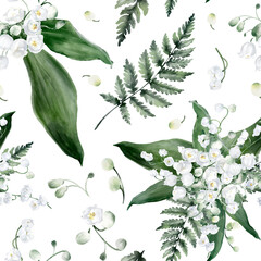 Watercolor Seamless Pattern Background with Lily of the Valley, Leaves and Fern © Юлия Павлова