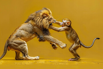 Courageous Monkey Challenges Majestic Lion: A Striking Banner Moment in Natures Arena