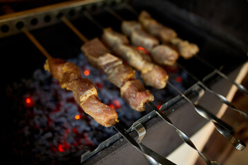 Summer Barbecue at Home Featuring Kebabs Grilling in a Backyard Grill