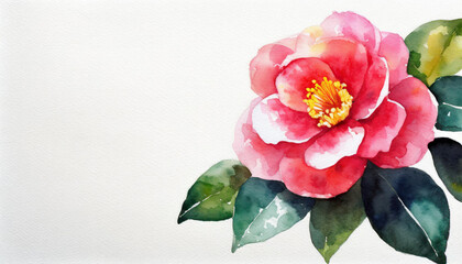 Fototapeta na wymiar Watercolour of a camellia on pure white background canvas, copyspace on a side