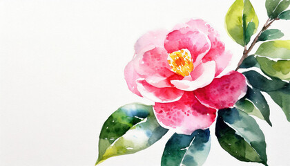 Watercolour of a camellia on pure white background canvas, copyspace on a side