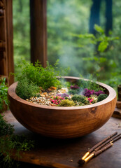 plate with herbs and incense on a forest background. Selective focus.
