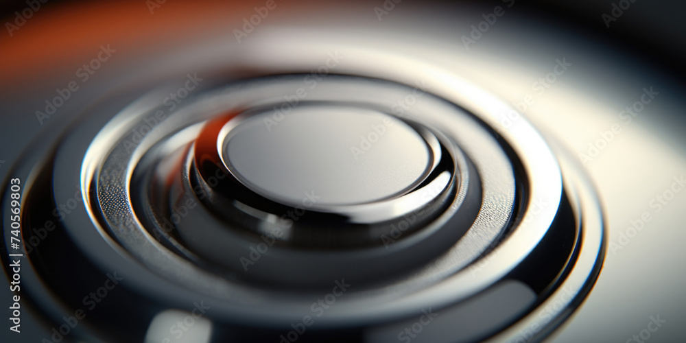 Poster a detailed view of a button on a metal object. suitable for industrial or fashion design concepts