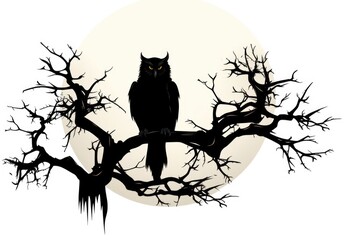 Owl perched on tree branch with full moon in background. Ideal for Halloween or nature themed designs