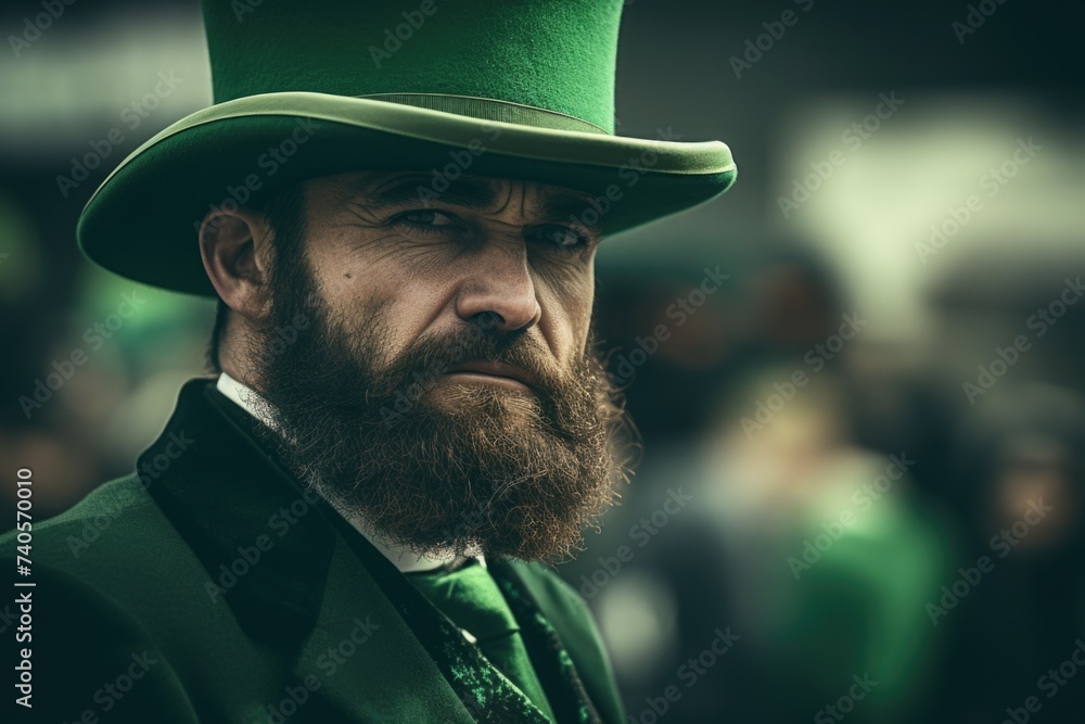 Poster a man with a beard wearing a green hat, suitable for various concepts and projects