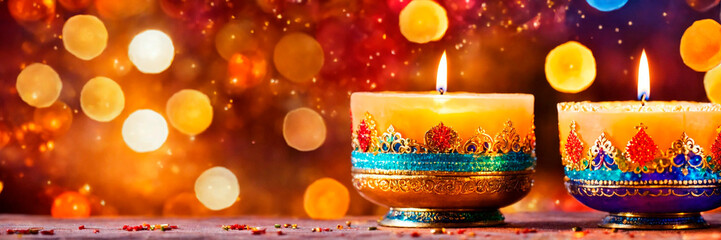 candles and decorations for Diwali. Selective focus. - obrazy, fototapety, plakaty