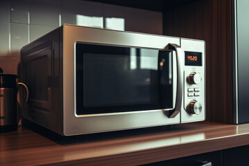 A modern microwave sitting on a wooden counter. Perfect for kitchen appliance concepts