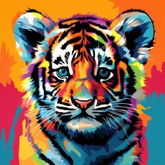 Blacklight painting-style baby tiger, baby tiger pop art illustration
