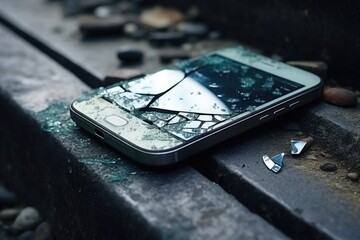 A broken cell phone left on a wooden bench. Suitable for technology or communication concepts