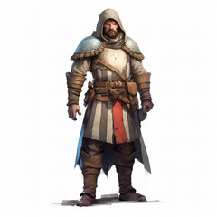 Medieval Warrior in Hooded Cloak Stands with Pride for a Game Banner Illustration