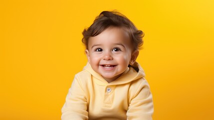 A cute little boy, smiling, stands on a yellow background. A happy child, the concept of joy, surprise.