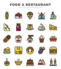 Set of Food and Restaurant Icons. Simple Lineal Color art style icons pack.