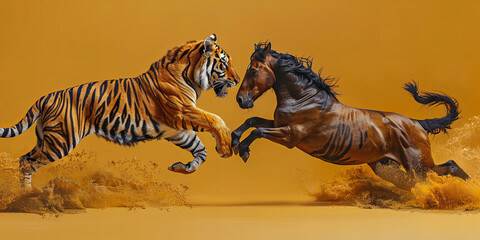 Majestic Tiger and Stallion Clash on Vibrant Orange Banner Background